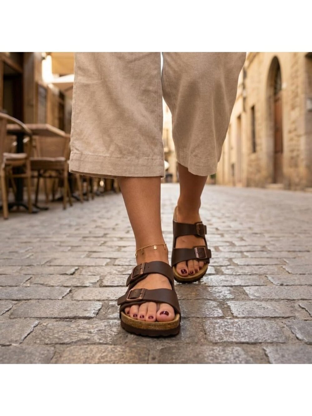 Women's Brown Nappa Footbed Sandals Comfort Double Buckle Two Strap Flats Shoes - Picture 5 of 6